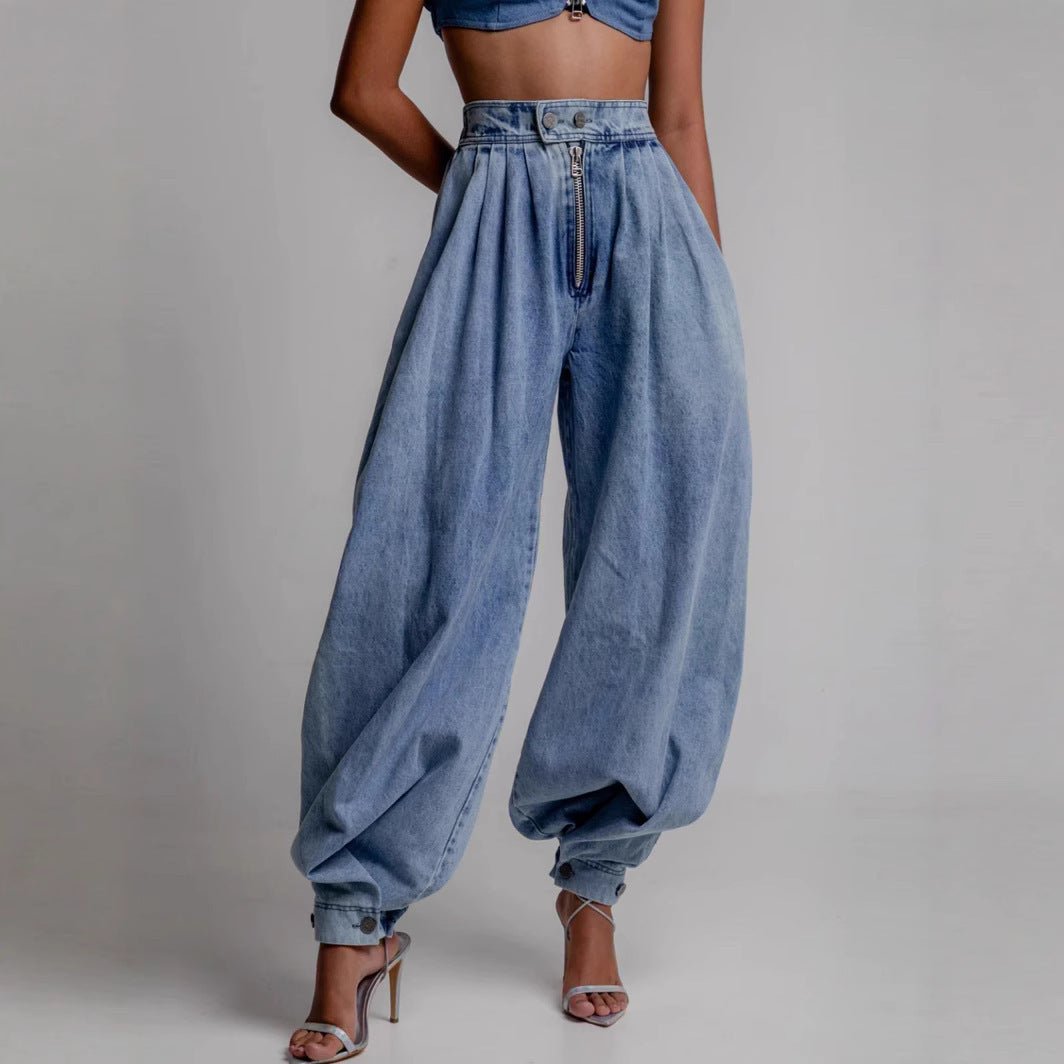 Effortlessly Chic High Waist Loose Fit Denim Harem Trousers with Front Zipper Detail