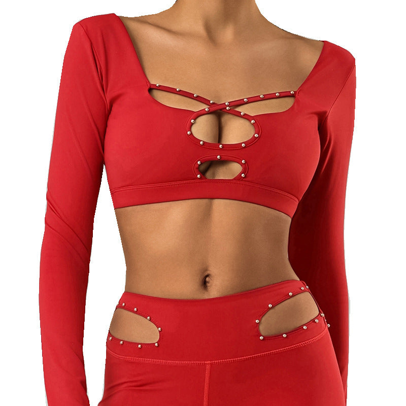 Athletic Long Sleeve Crop Top with Built In Chest Pad and Stylish Studded Cutout Design