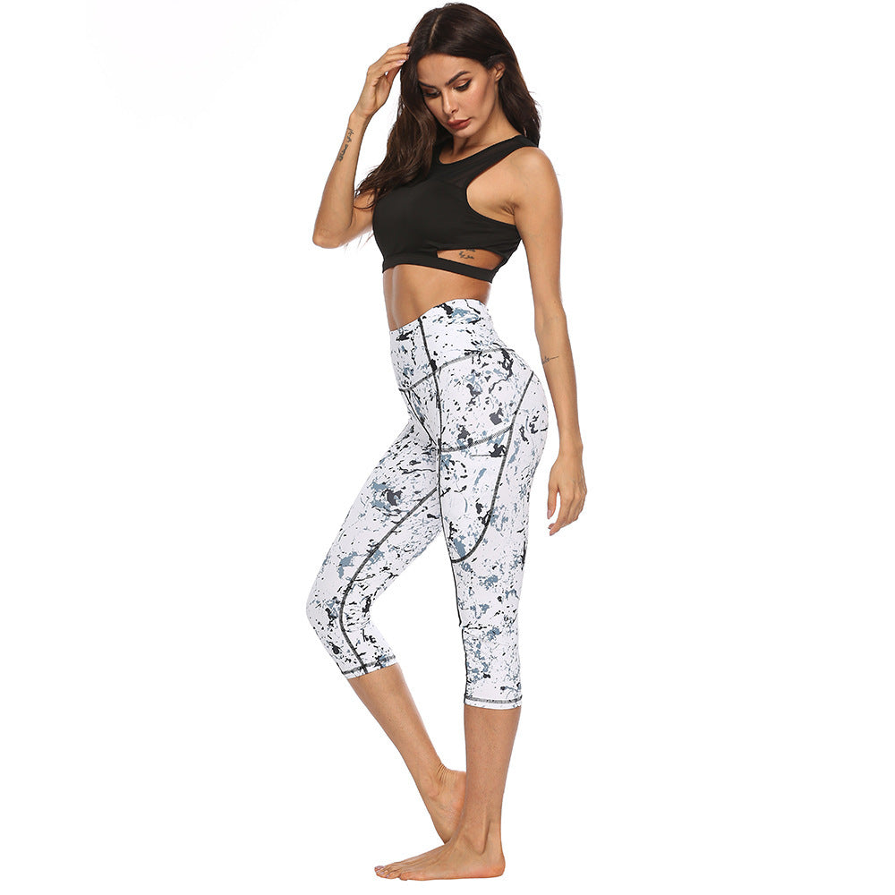 Trendy Marble Print High Waist Capri Yoga Leggings with Side Pocket