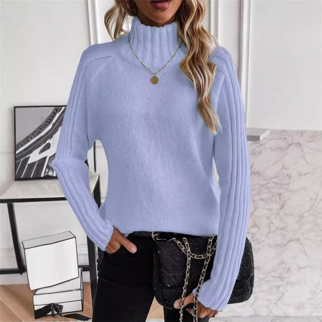 Cozy Knit Turtleneck Pullover Sweater with Elegant Raglan Long Sleeves for Autumn and Winter