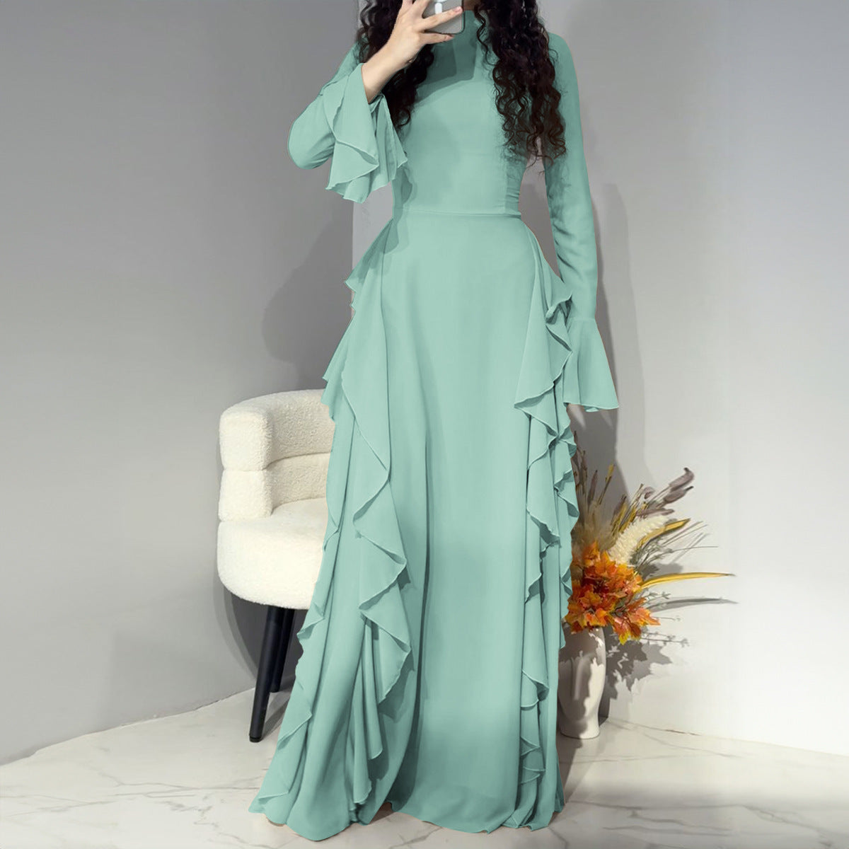 Women's Elegant Bell Sleeve Dress - Ruffle High Waist Gown