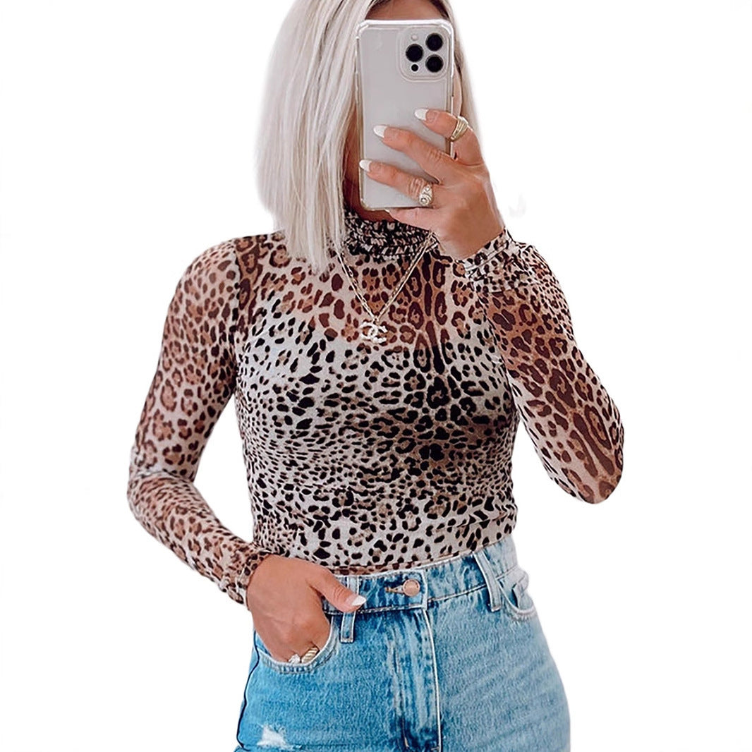 Chic Leopard Print Mesh Long Sleeve Turtleneck Top