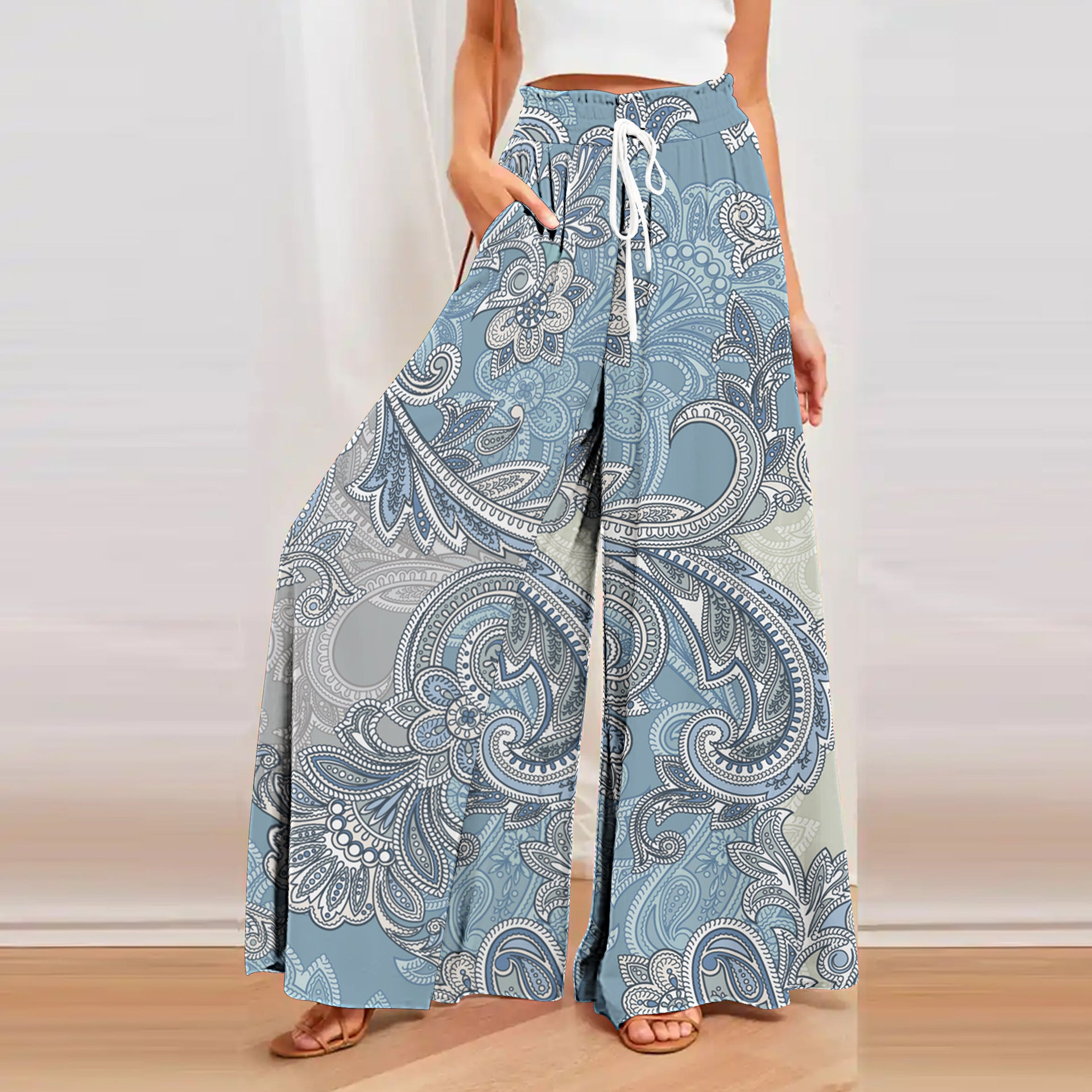 Bohemian Printed Wide Leg Hemp Culottes - Relaxed Fit