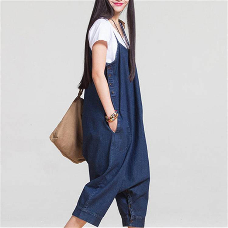 Comfortable Loose Fit Denim Overalls Midi Dress with Pockets for Everyday Wear
