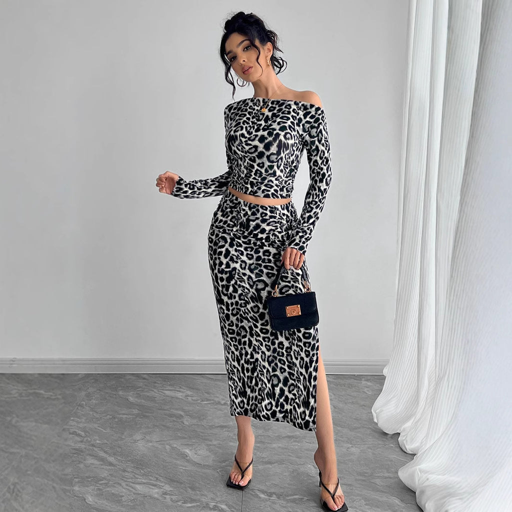 Stylish Leopard Print Off Shoulder Long Sleeve Crop Top and Slit Maxi Skirt Two Piece Set
