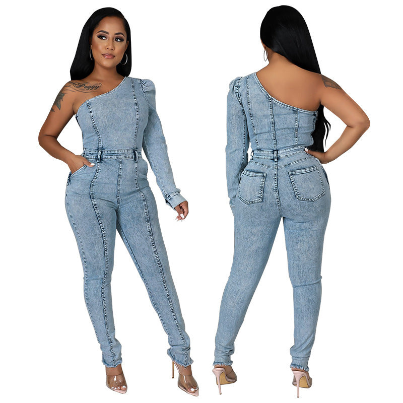 Stylish One-Shoulder Denim Jumpsuit - Light Blue Acid Wash