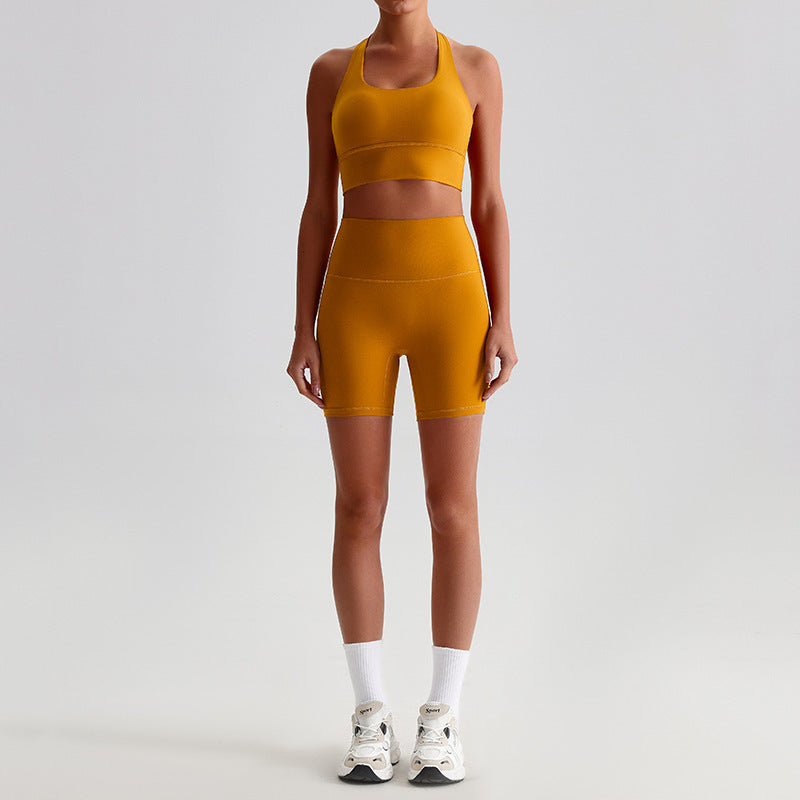 Comfortable Nylon Workout Set with Crop Top and High Waist Cycling Shorts for Women