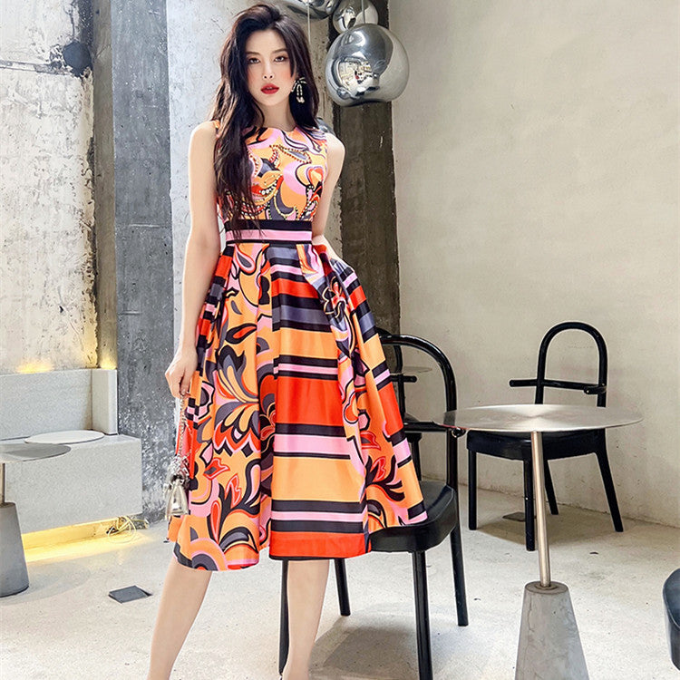 French-style Beautiful Print Slim Waist Dress