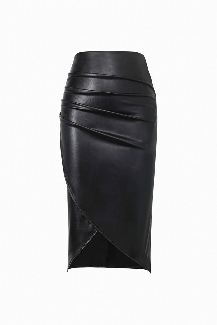 Chic High Waist Ruched Faux Leather Midi Skirt Excellent Asymmetric Hem Design