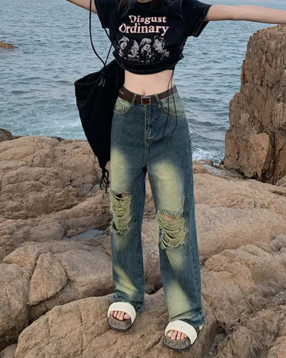 High-Waist Distressed Wide-Leg Denim Jeans