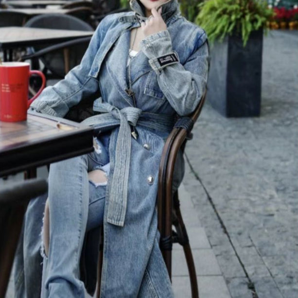 Retro Belted Denim Trench Coat