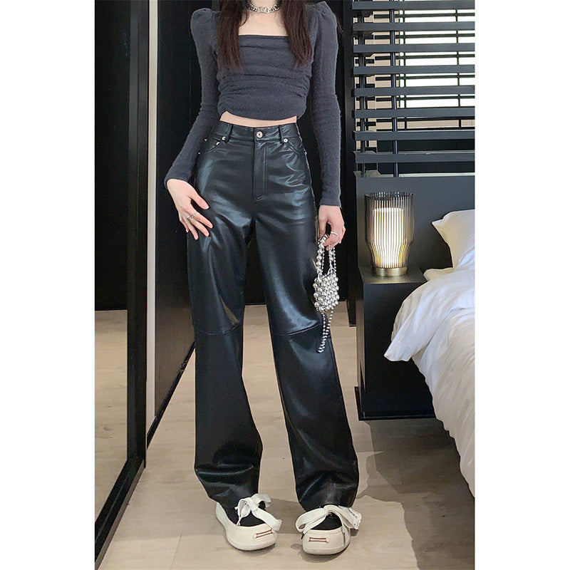 Women's High Waist Faux Leather Pants - Wide Leg Trousers