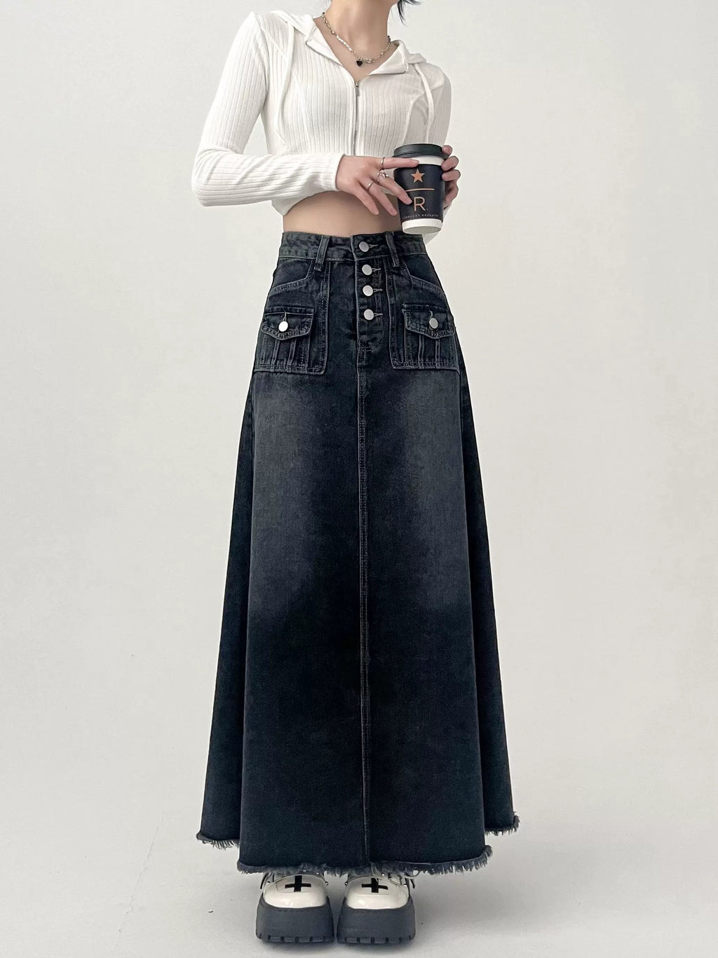 Fashionable Gradient A Line Denim Maxi Skirt with Front Buttons