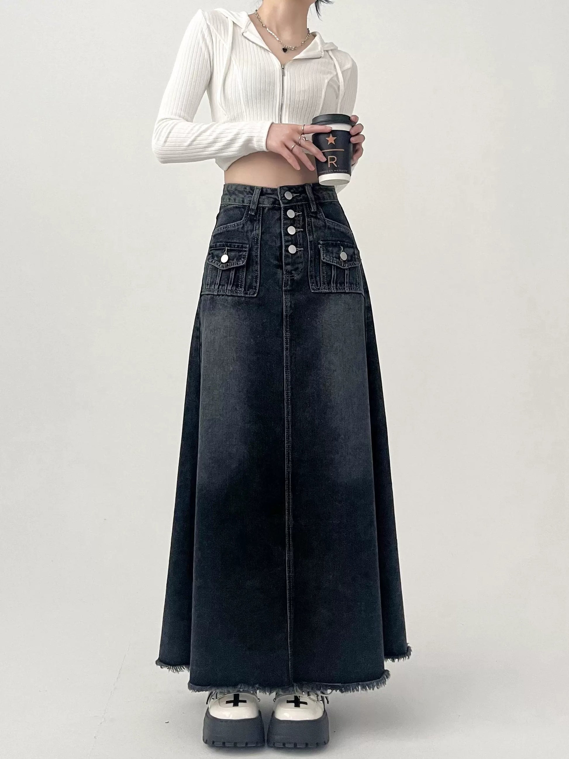 Fashionable Gradient A Line Denim Maxi Skirt with Front Buttons