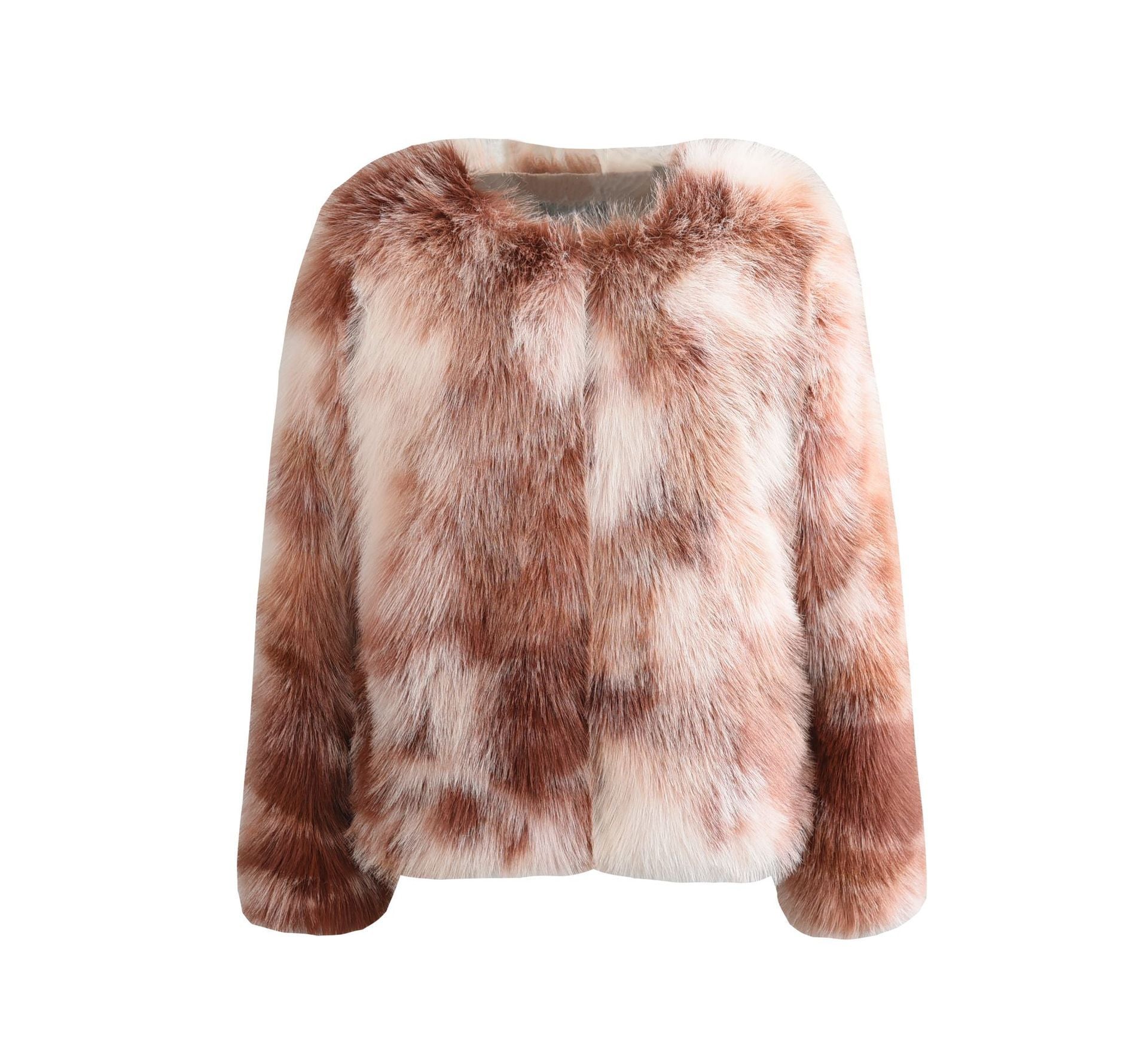 Luxurious Faux Fur Crew Neck Jacket for Autumn and Winter Elegance