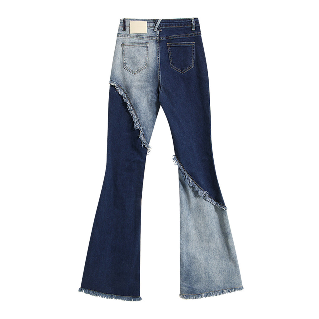 Two-Tone Flared Denim Jeans - High Waist Raw Edge