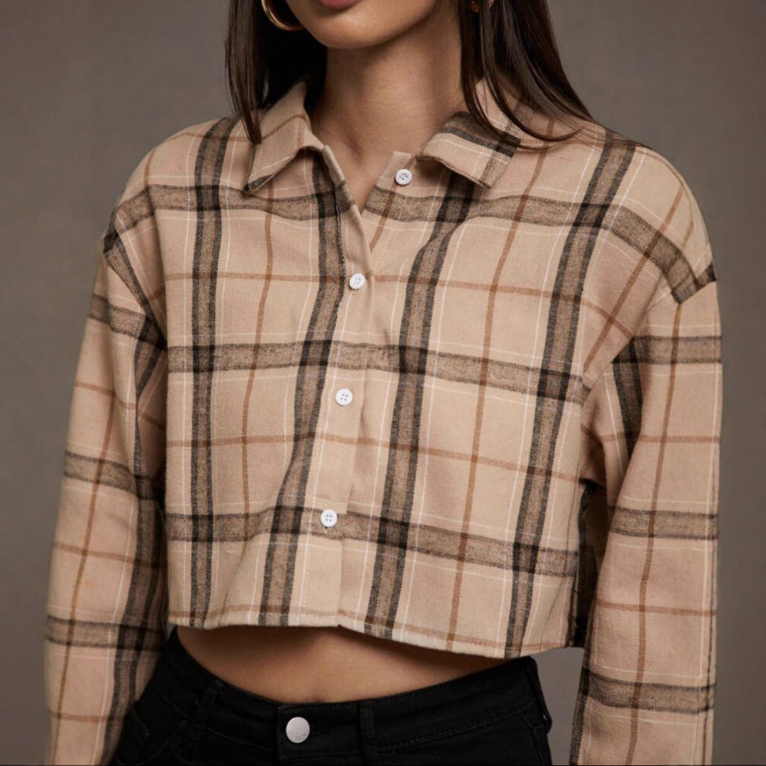 Stylish Plaid Pattern Long Sleeve Cropped Lapel Shirt