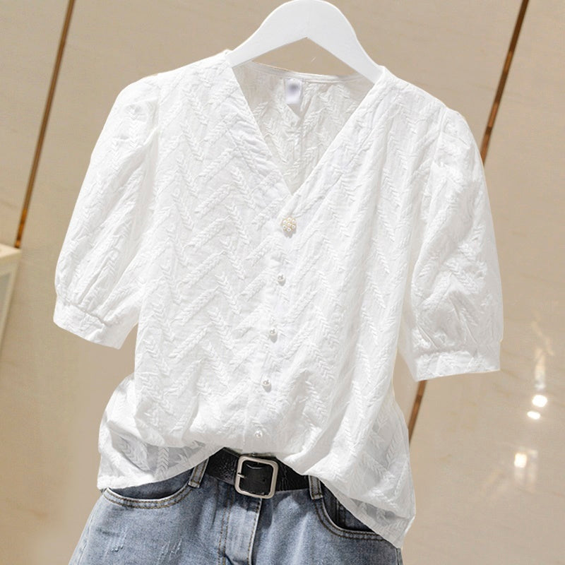 Chic Cotton Embroidered Puff Sleeve Blouse - V-Neck Ladies Top