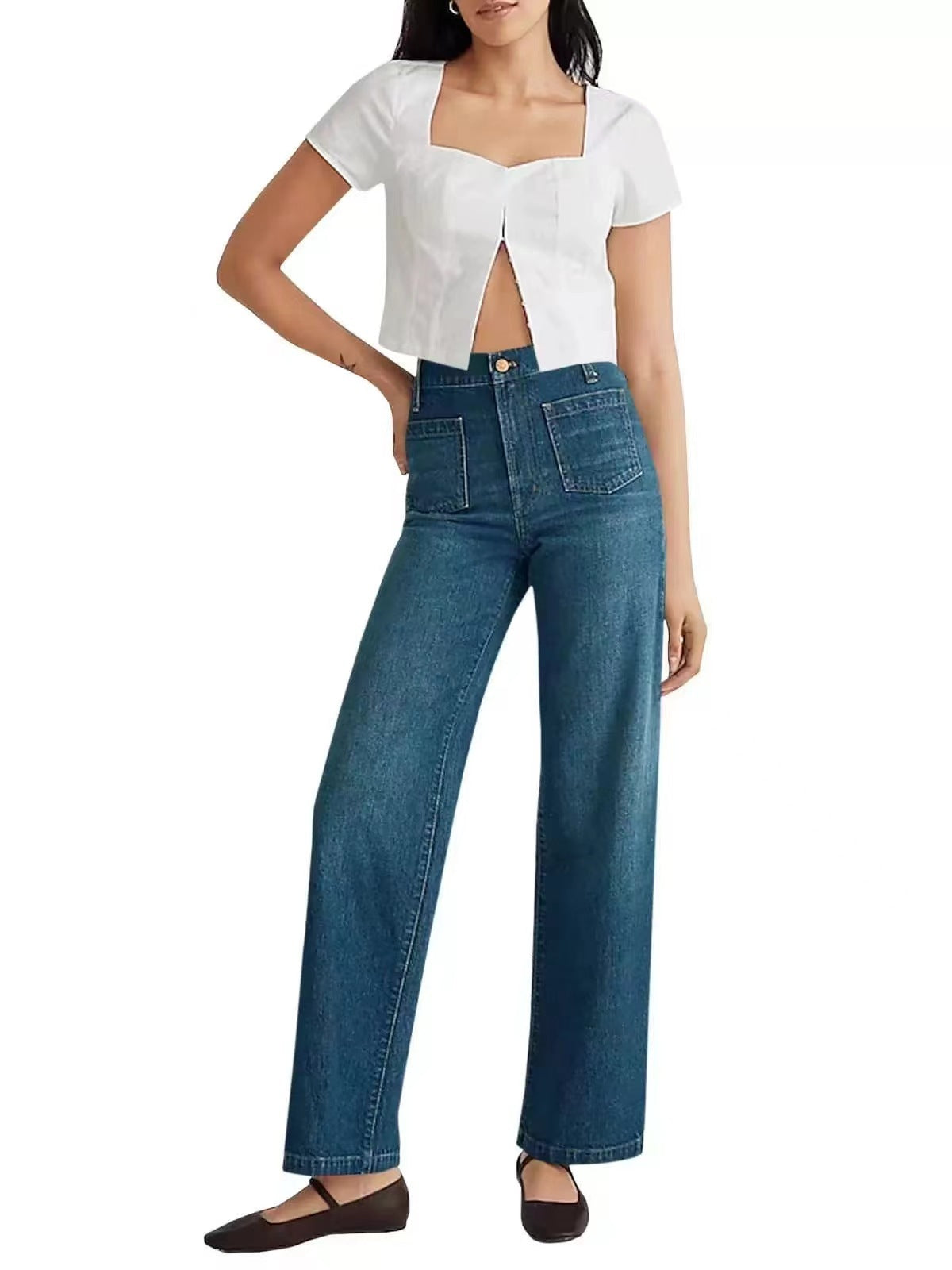 Women's High Waist Washed Wide Leg Denim Jeans with Square Pockets