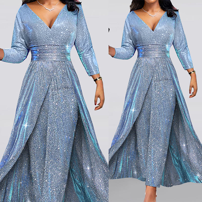 Elegant Sparkle V-Neck Long Sleeve Maxi Dress - Perfect for Evening & Party