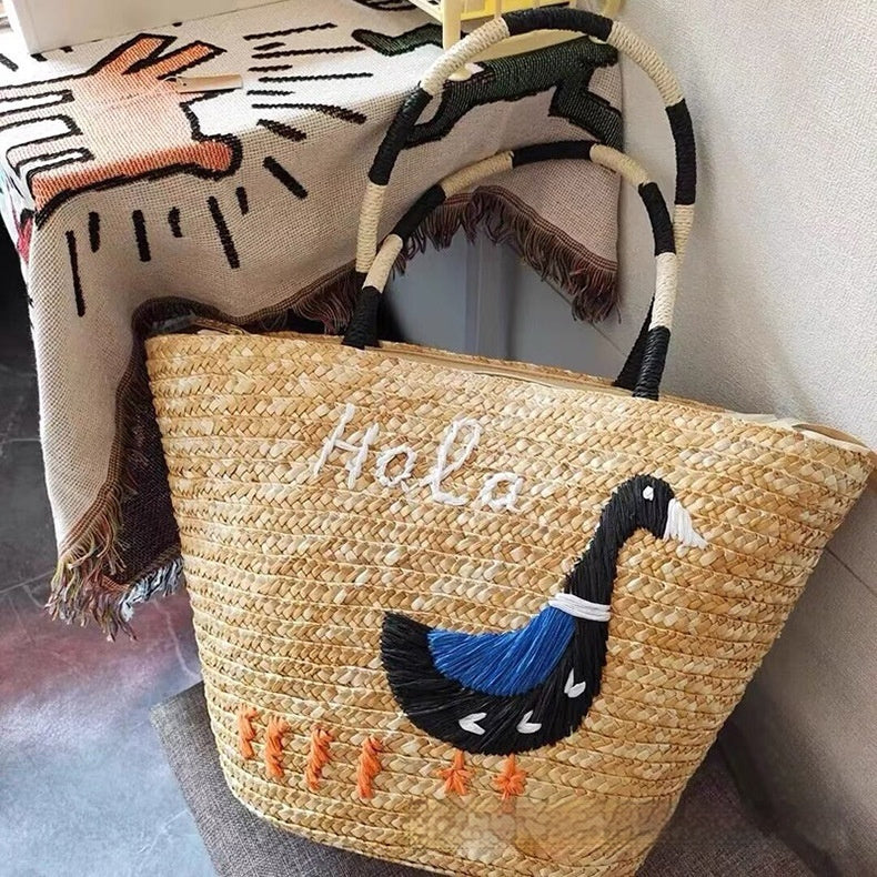 Chic Hand-Woven Straw Tote Bag with Playful Duck Embroidery