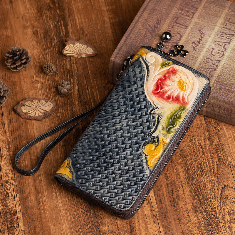Artisan Crafted Floral Embossed Top Layer Leather Clutch Wallet with Wrist Strap