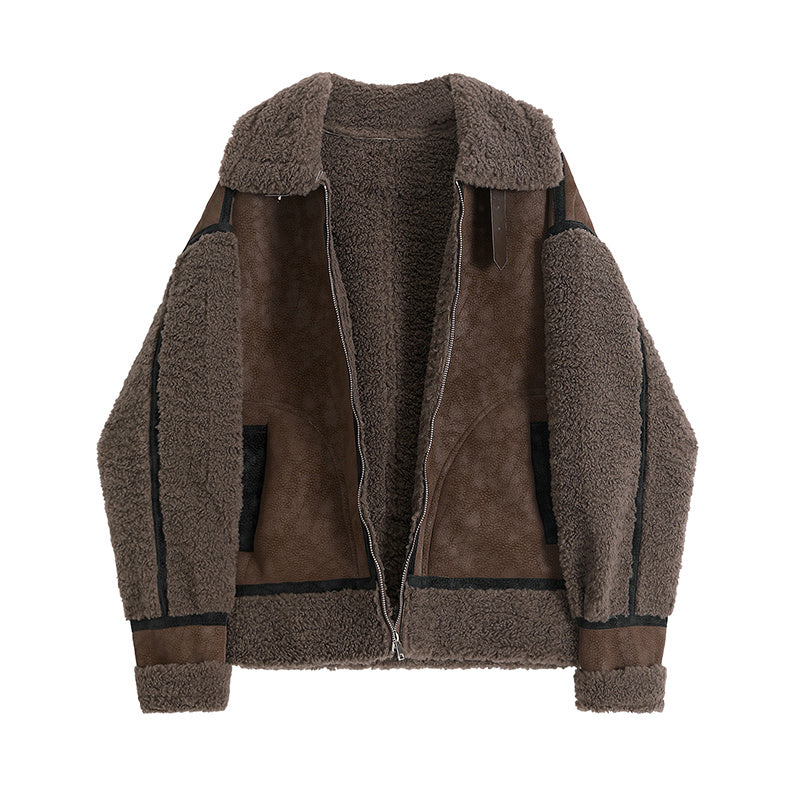 Stylish Faux Shearling Aviator Jacket Warm Integrated Fur Lining