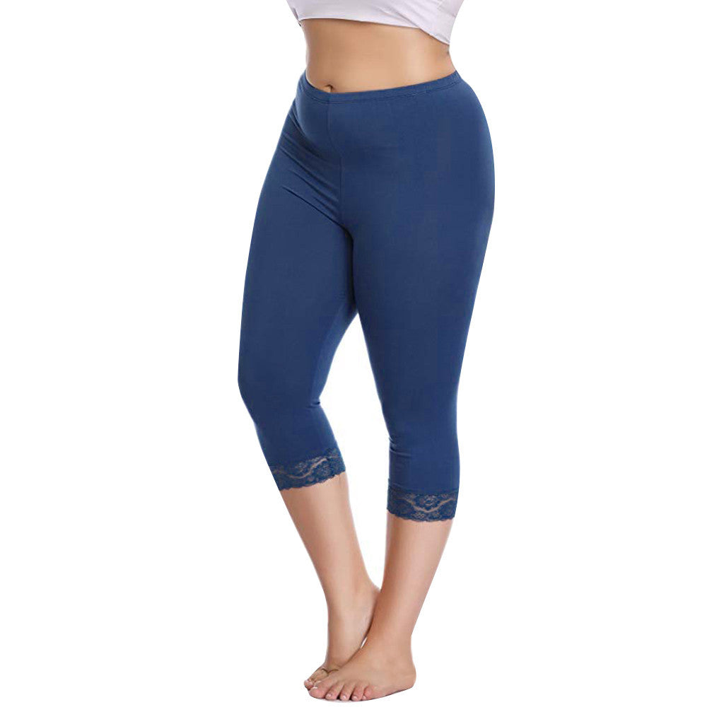 Comfortable Soft Milk Silk Capri Leggings with Delicate Lace Trim Detail