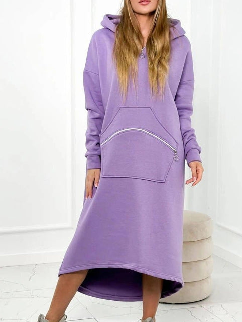 Cozy Casual Hooded Sweatshirt Dress with Zipper Detail and Pockets