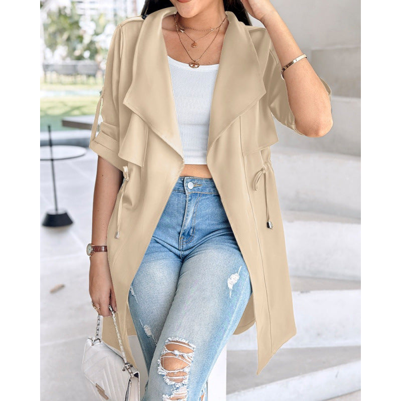 Women's Loose Linen Trench Coat with Rolled Sleeves - Mid-length
