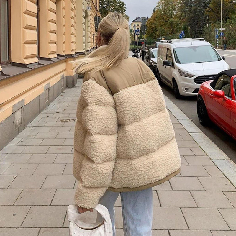 Cozy Apricot Beige Fleece Puffer Jacket with Stand Collar Warm Outerwear