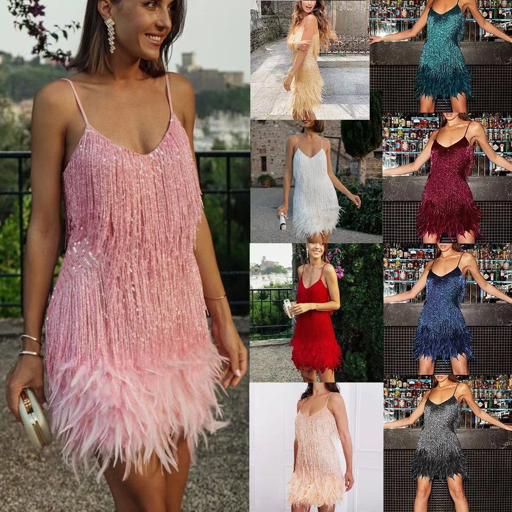Glamorous Sequin Feather Mini Party Dress - V-Neck Spaghetti Strap