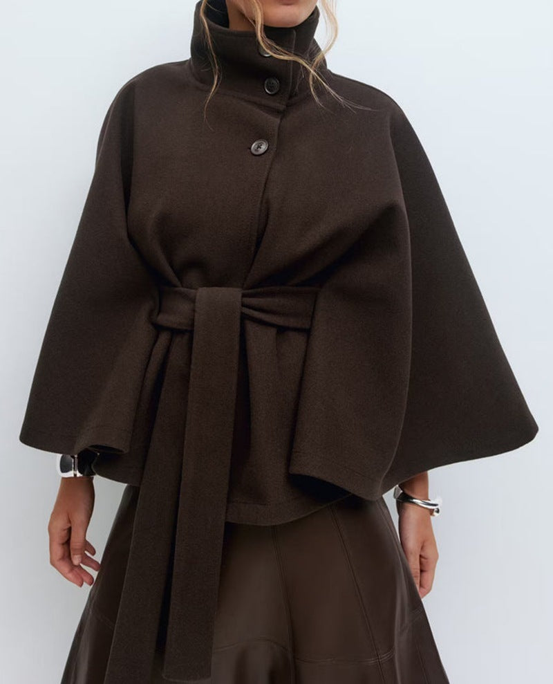 Elegant High Neck Batwing Sleeve Winter Coat with Belt