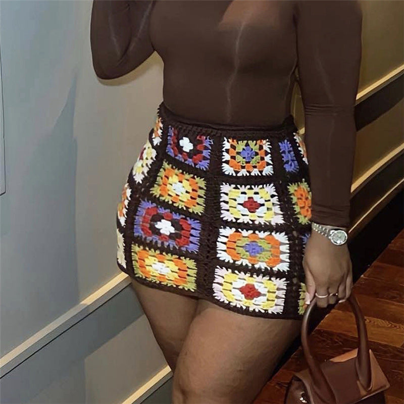 Vibrant Granny Square Knit Mini Skirt Bohemian Chic Statement