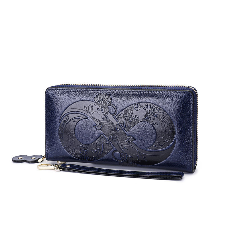 Genuine Leather Embossed Retro Cowhide Long Wallet with Convenient Wristlet Strap