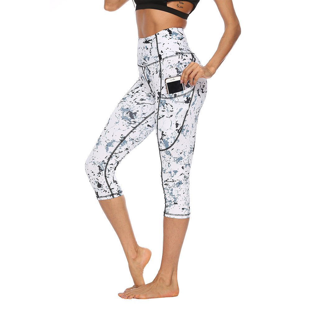 Trendy Marble Print High Waist Capri Yoga Leggings with Side Pocket