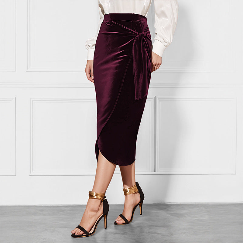 Elegant Velvet Midi Skirt with Chic Twisted Front and Split Hem