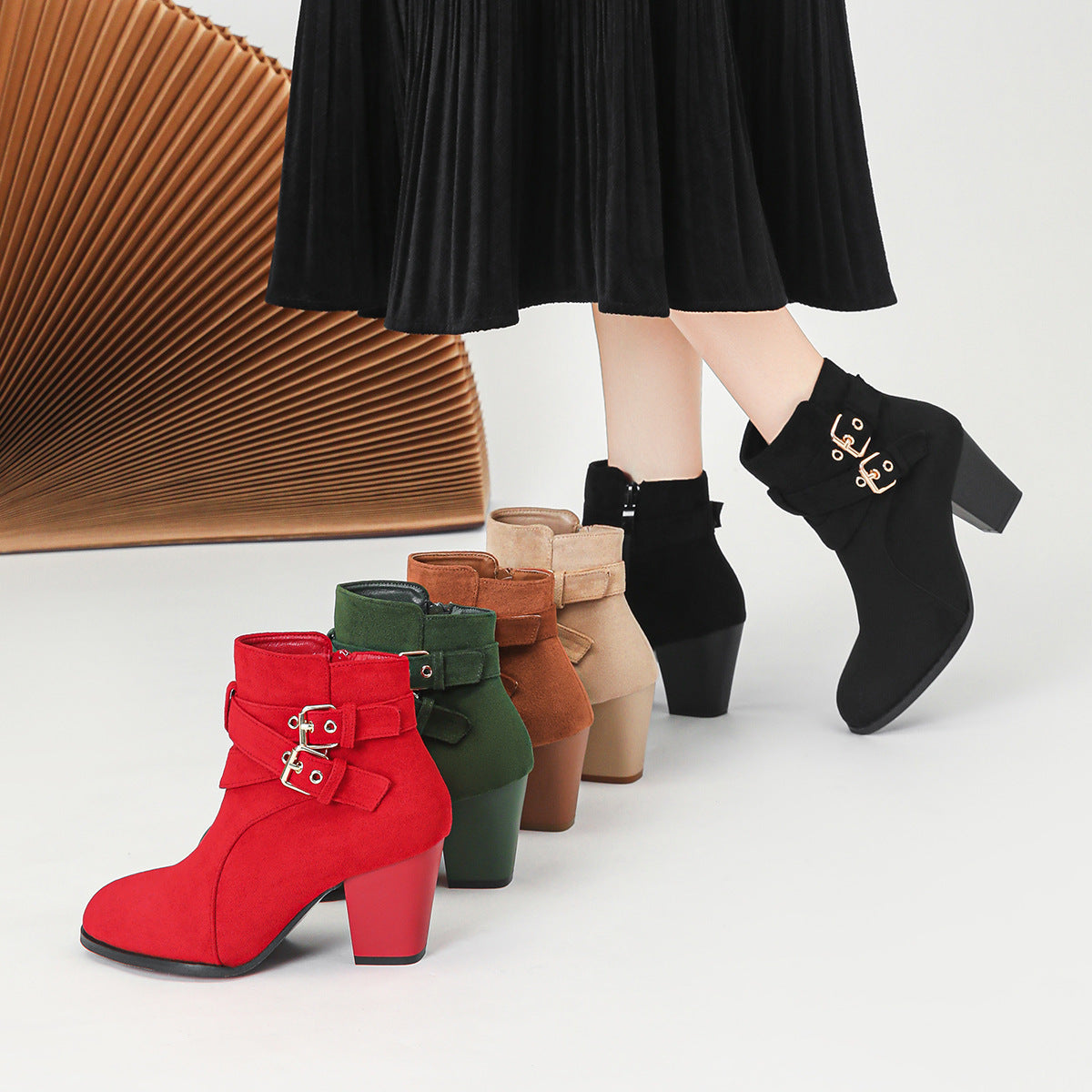 Adalyn Suede Buckle Block Heel Boots