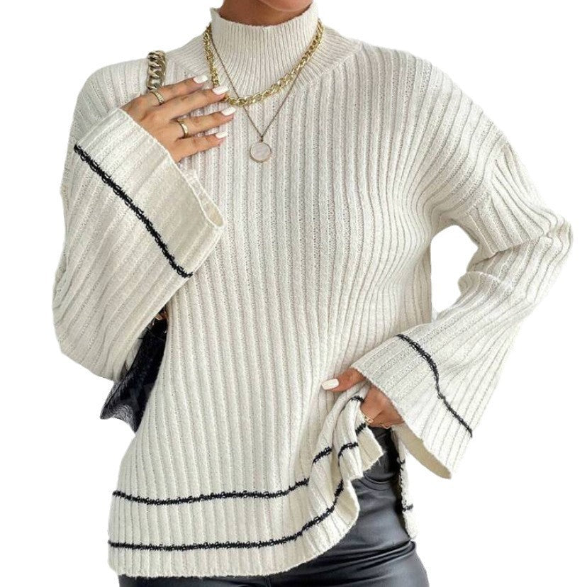 Cozy Loose Fit Ribbed Knit Turtleneck Sweater with Striped Sleeves