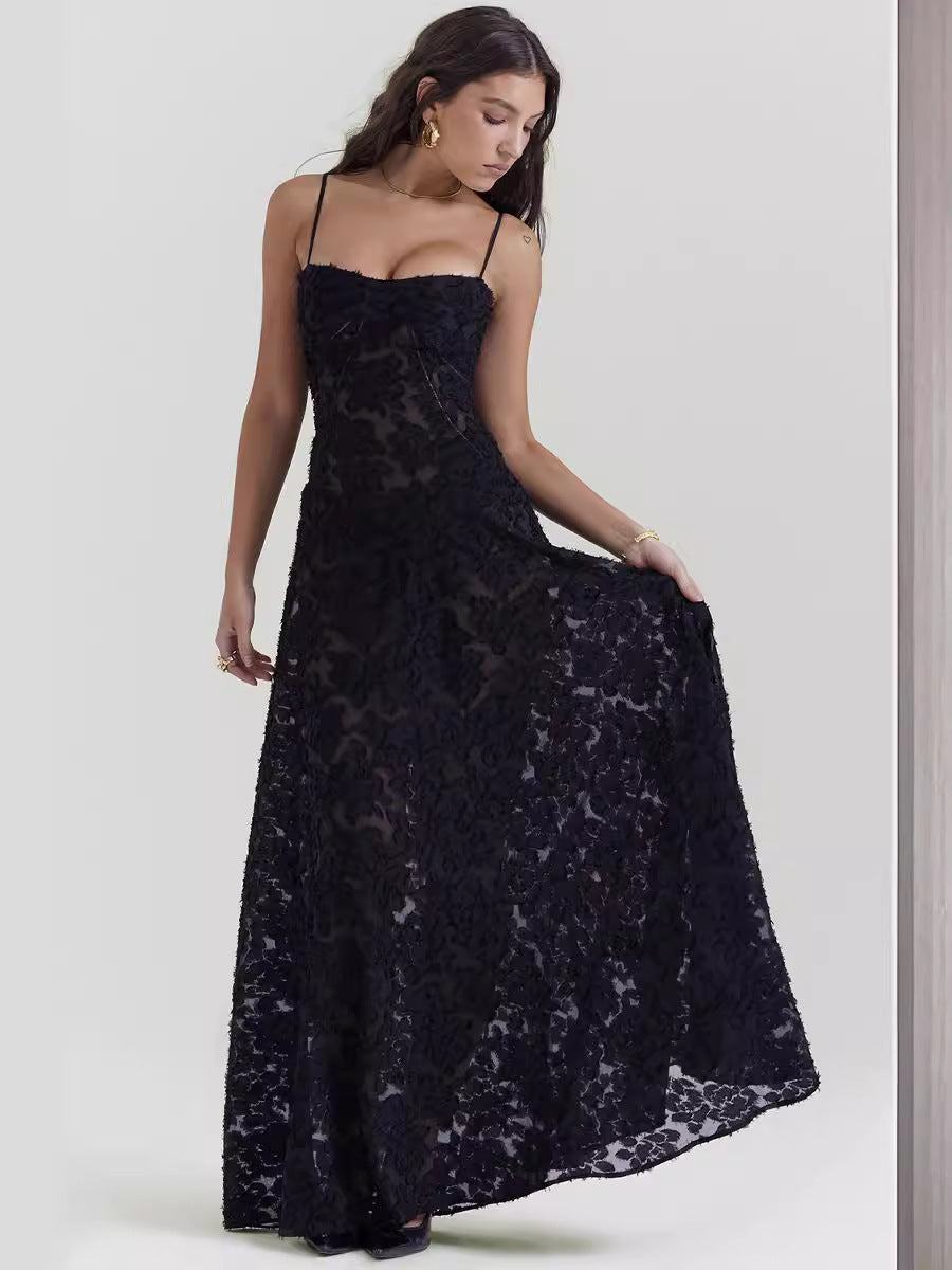 Elegant Floral Lace Maxi Dress with Suspender & Tie-Back Detail