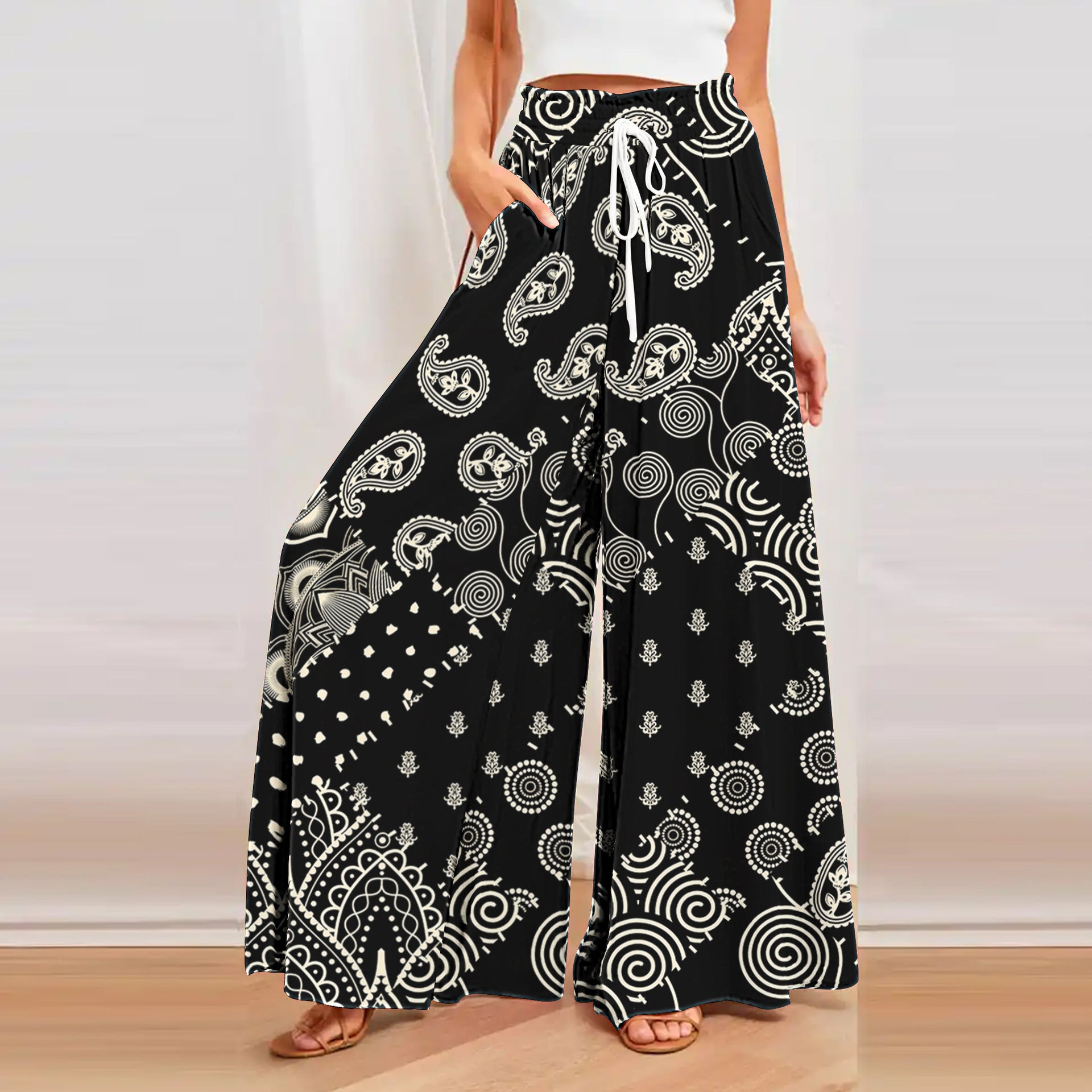 Bohemian Printed Wide Leg Hemp Culottes - Relaxed Fit