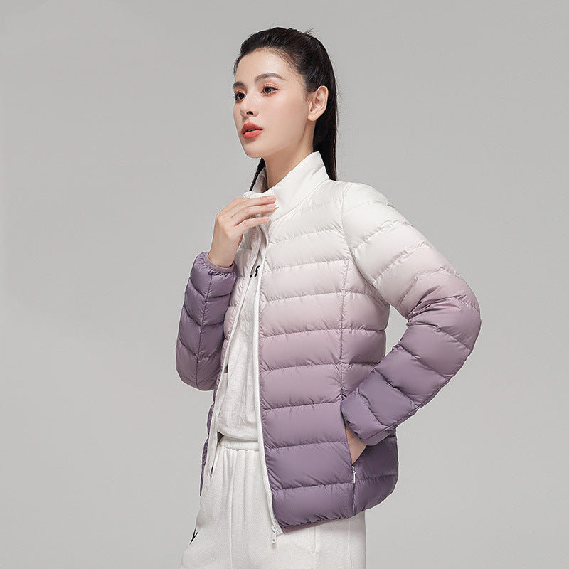 Fashionable Gradient Stand Collar Down Puffer Jacket Cozy Winter Outerwear