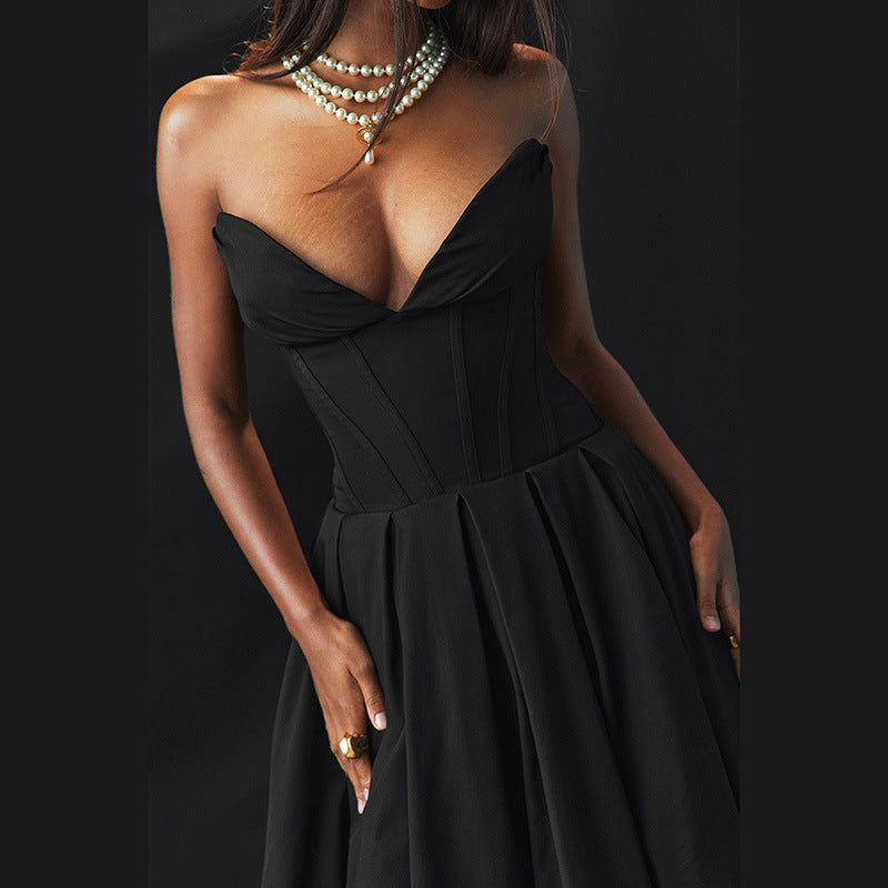 Elegant Strapless Corset Midi Dress - Evening & Party