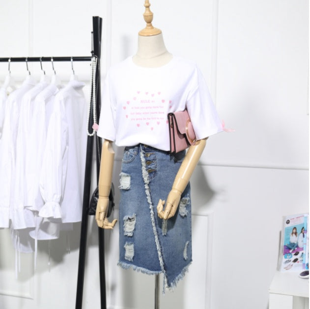 Casual Ripped Denim Skirt with Asymmetric Hem and Distressed Details