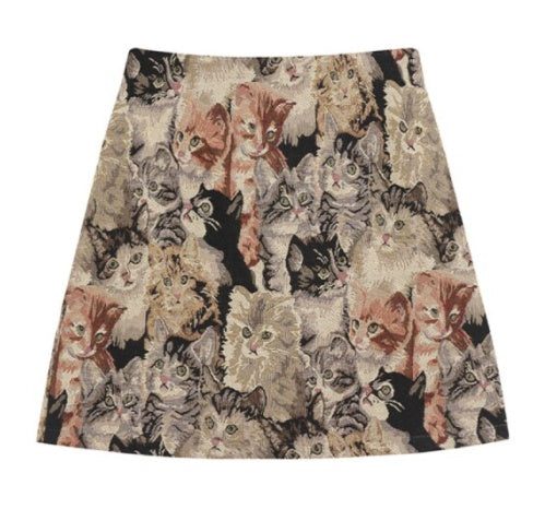 Chic High-Waisted A-Line Mini Skirt with Adorable Cat Tapestry Pattern