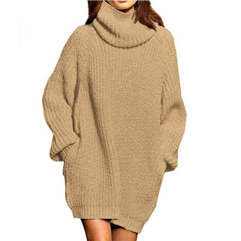 Cozy Oversized Long Sleeve High Neck Knit Sweater Dress with Convenient Pocket