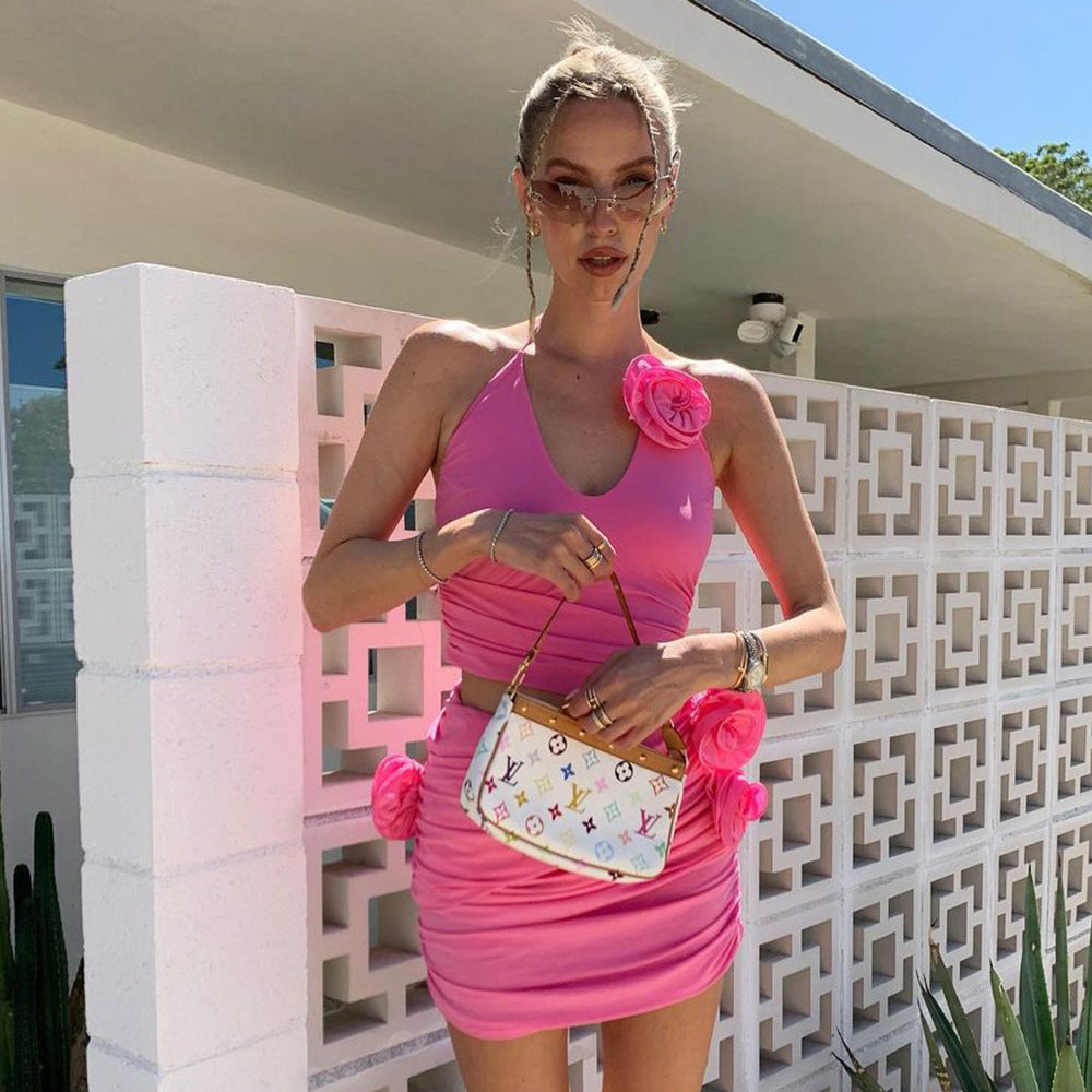 Chic Pink Halter Ruched Mini Dress with 3D Flowers