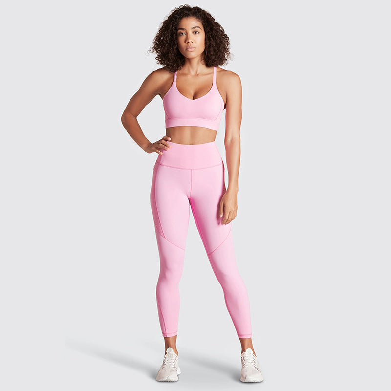 Printed Halter Bra and Leggings Sports Fitness Yoga Set with Pockets