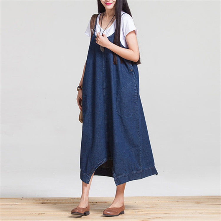 Comfortable Loose Fit Denim Overalls Midi Dress with Pockets for Everyday Wear