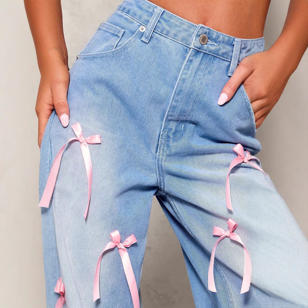 Women's Bow Detail Wide Leg Jeans - High Waist Denim